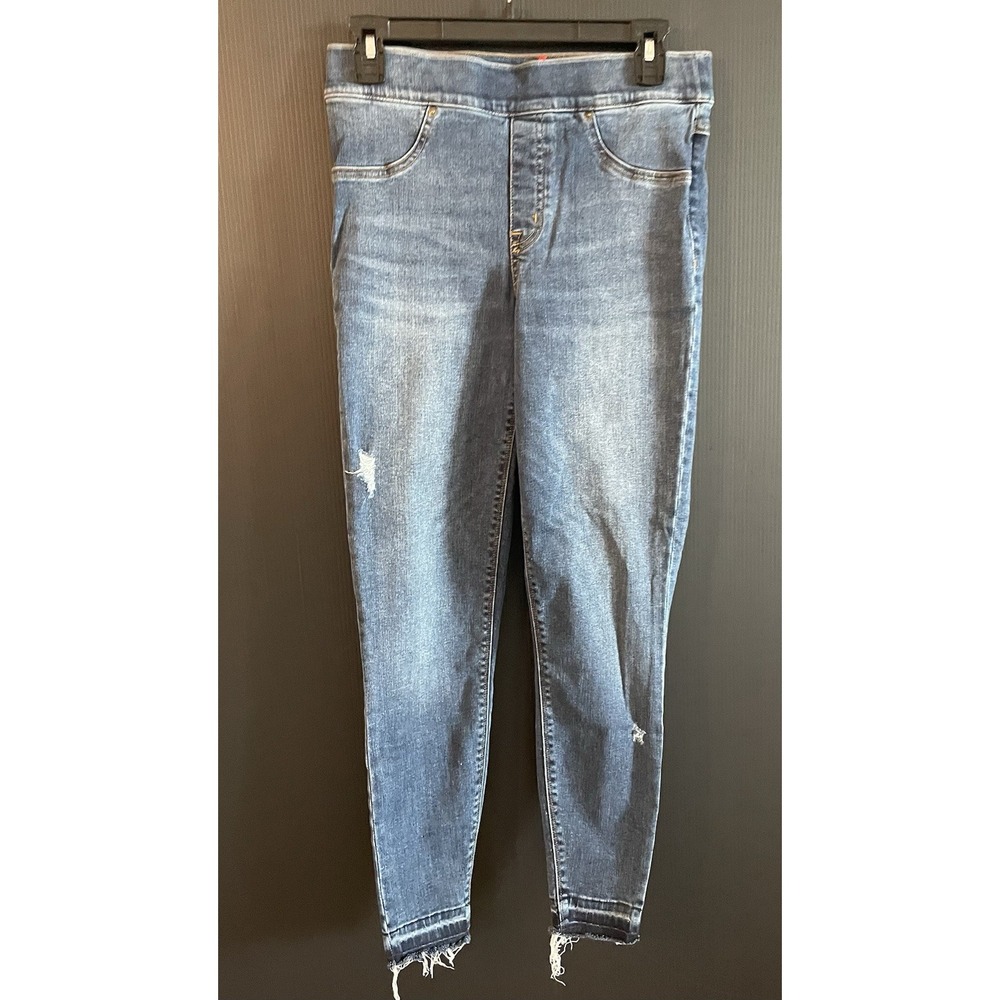 Spanx Distressed Medium Denim Leggings skinny pull on jeans Size M Elastic Ankle